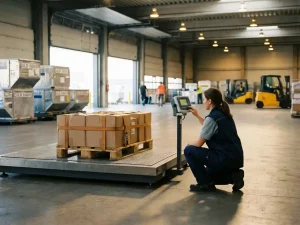 Logistics professional weighing a strapped cargo pallet on a large scale inside a European air freight warehouse with ULDs stacked near open hangar doors.