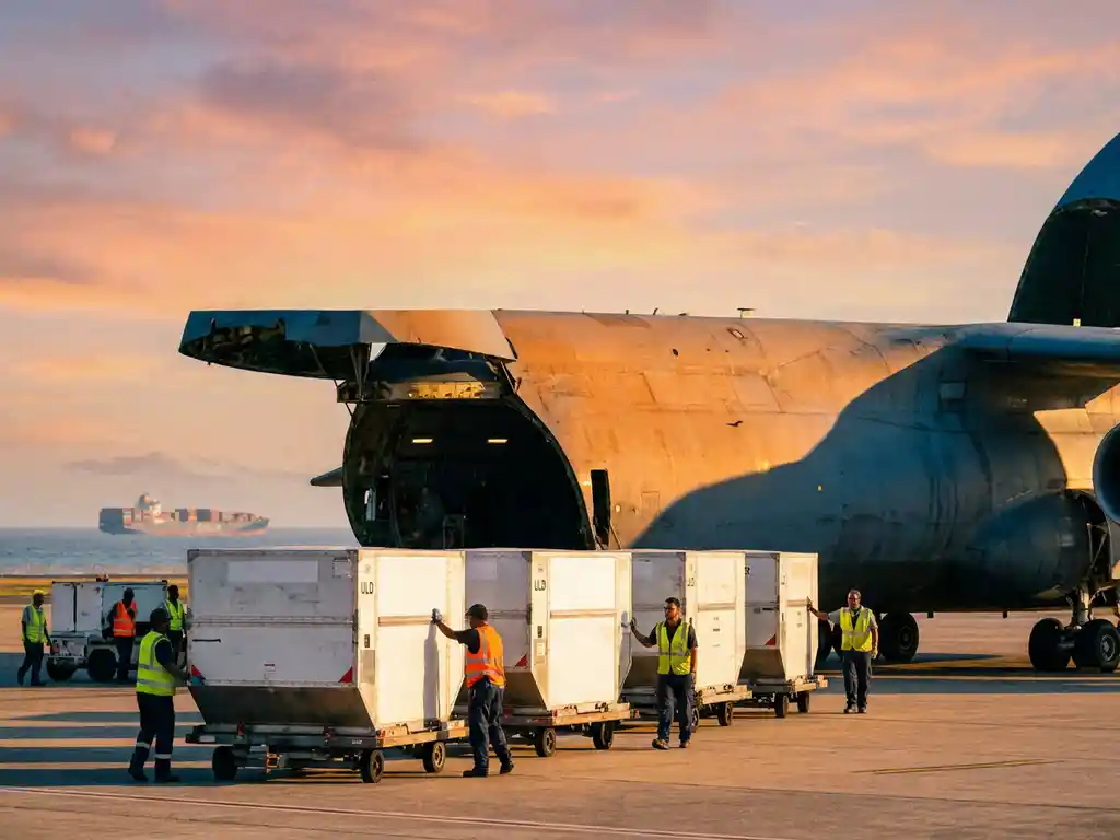 Freight handlers in high-vis vests loading white ULD containers onto a cargo aircraft at golden hour, container ship visible on distant ocean horizon.