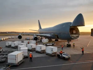 Cargo aircraft being loaded with white ULD freight containers on airport apron, ground crew in high-visibility vests directing operations at golden hour.