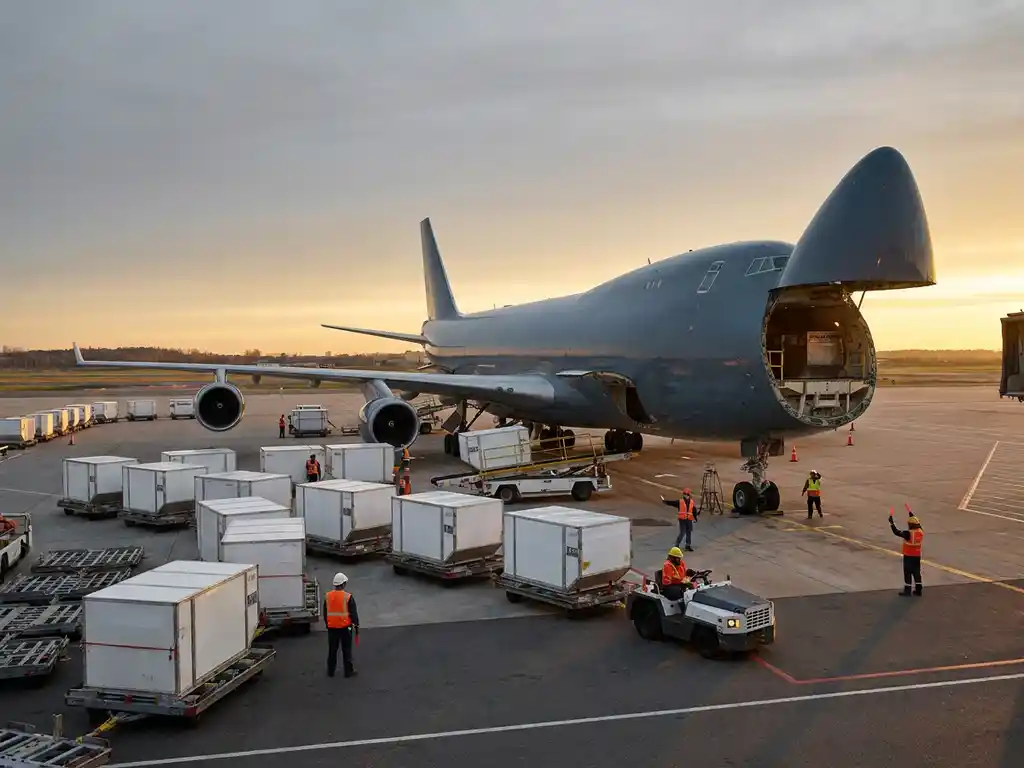Cargo aircraft being loaded with white ULD freight containers on airport apron, ground crew in high-visibility vests directing operations at golden hour.