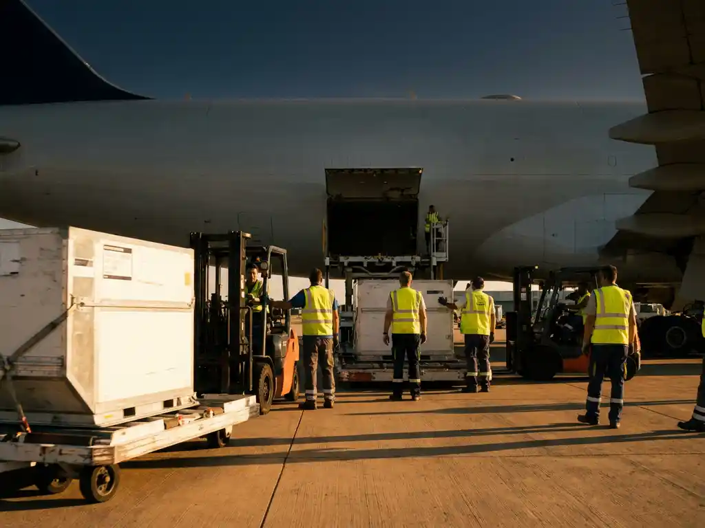 Wide-body cargo aircraft being loaded with ULD pallets at dusk, ground crew in high-vis vests guiding freight on sunlit airport apron.