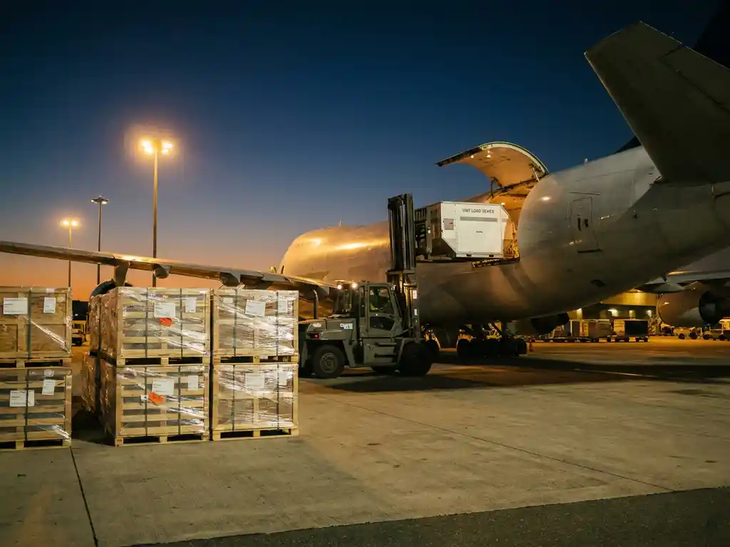 Cargo aircraft being loaded at dusk, forklift positioning a ULD container into the hold beside stretch-wrapped export pallets on a floodlit apron.