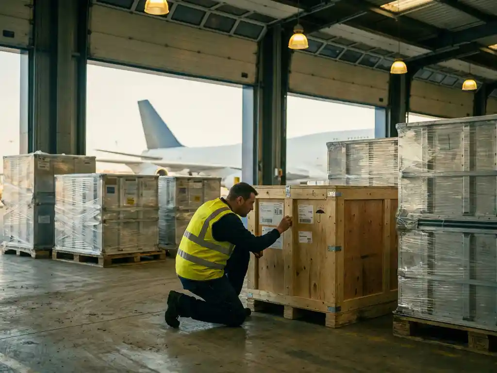 Cargo worker in high-visibility vest inspecting a wooden export crate beside ULD pallets in a freight warehouse, wide-body aircraft visible in background.