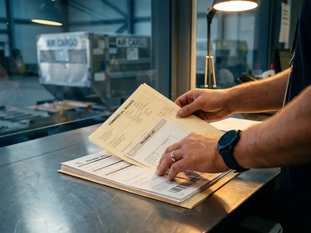 Logistics professional organizing export documents including commercial invoice, packing list, and airway bill on a cargo terminal desk.