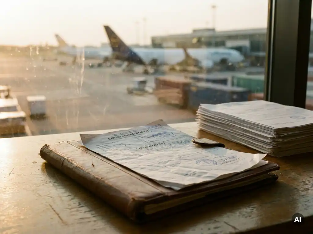 Worn leather document folder with export paperwork and cargo manifest on wooden desk, air cargo terminal visible through background window.