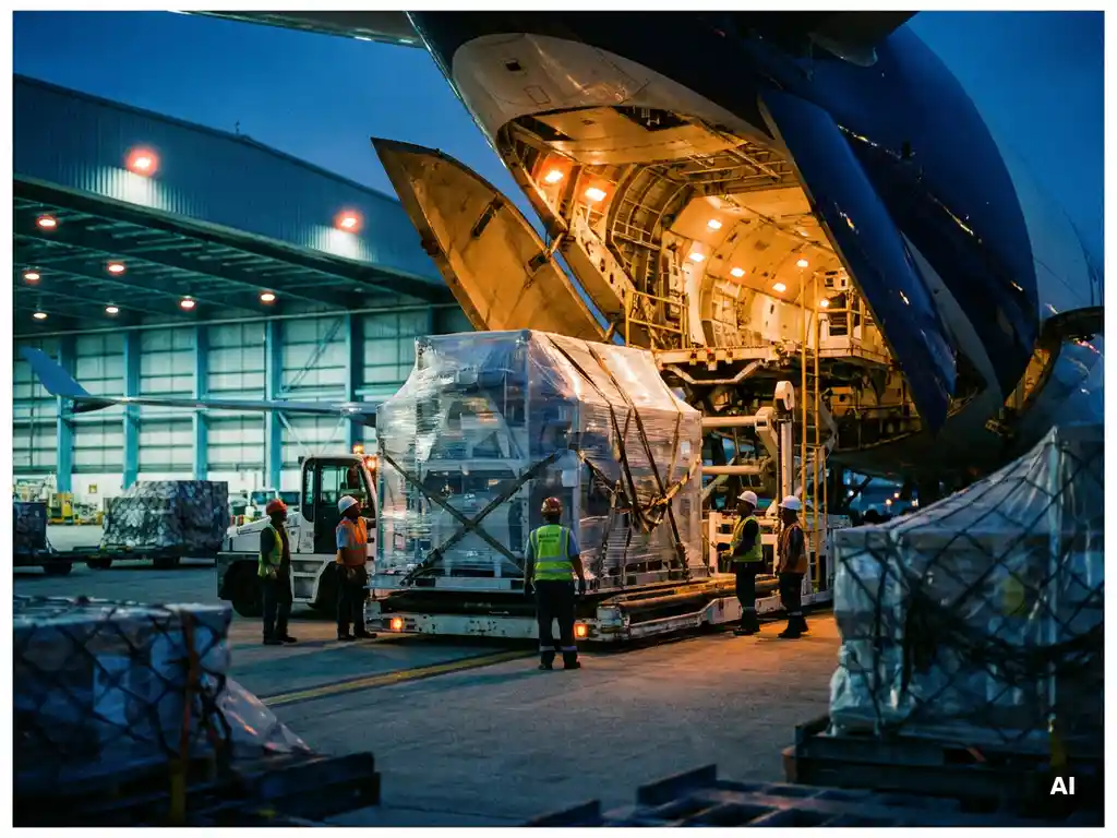 Ground crew loading oversized industrial machinery pallet into a wide-body freighter's nose-loading bay at dusk, amber ramp lighting.