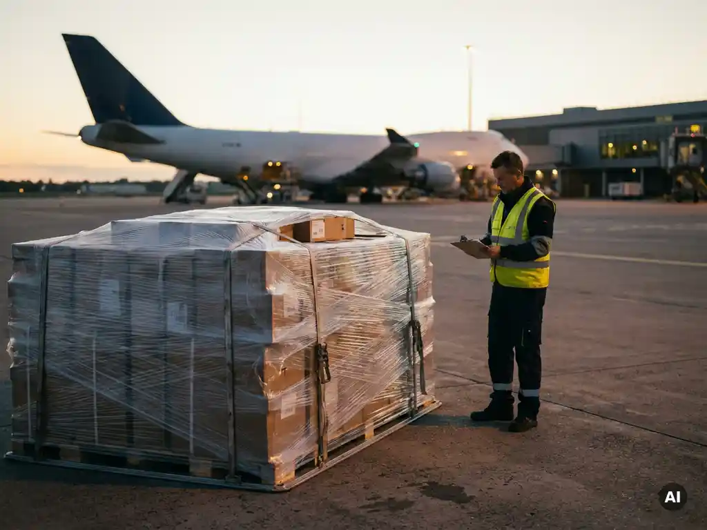 Air cargo pallet wrapped in stretch film on airport freight apron at dusk, logistics worker in hi-vis vest reviewing clipboard beside wide-body freighter.