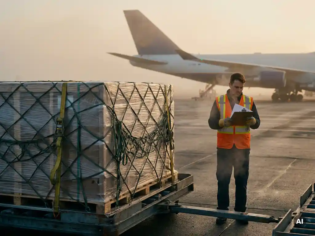 Logistics worker in high-vis vest inspecting air cargo pallet wrapped in stretch film on airport freight apron, wide-body aircraft in background.
