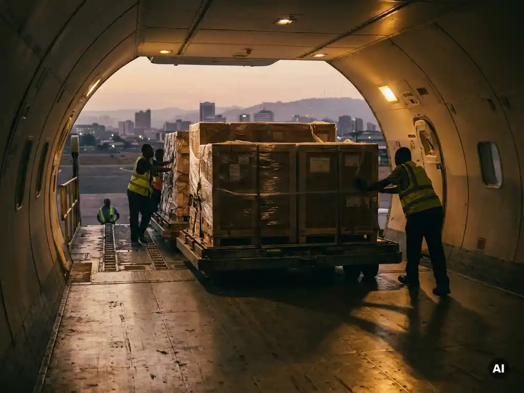 Shrink-wrapped industrial cargo pallet loaded into a wide-body freighter hold at dusk, with an African city skyline visible through the open cargo door.