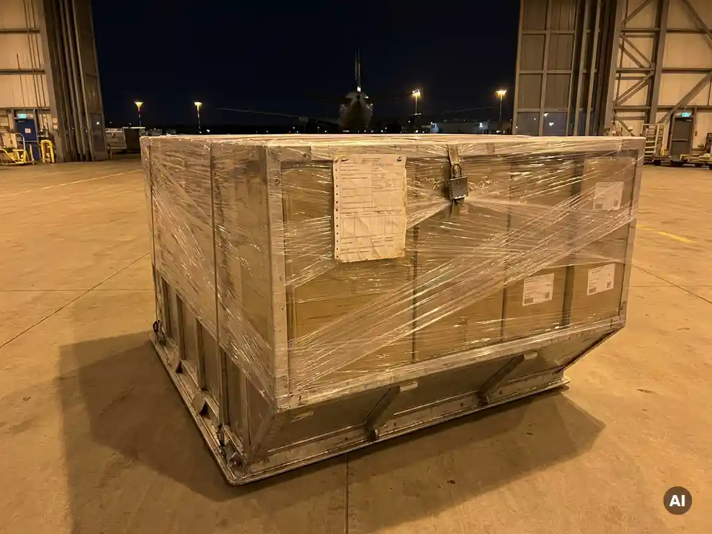Air cargo ULD pallet wrapped in stretch film with shipping document and customs seal, wide-body freighter visible through hangar doors.