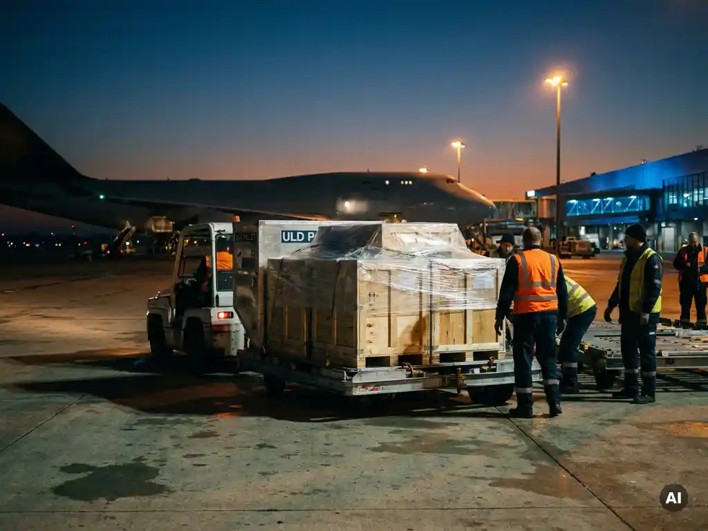 Silver ULD pallet loaded with shrink-wrapped cargo being positioned on an airport apron at dusk, ground crew in high-vis vests near a freighter aircraft.