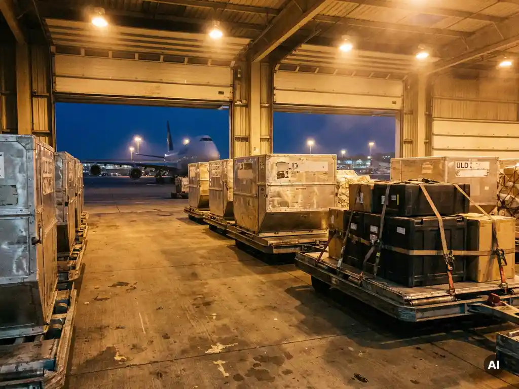 Aluminum ULD containers and strapped cargo pallets staged on an airport freight terminal floor, with a large aircraft visible through open hangar doors.