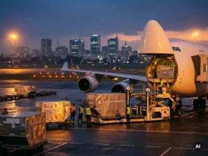 Cargo aircraft being loaded at dusk, ground crew guiding a ULD pallet up a freight loader with an African city skyline in the distance.