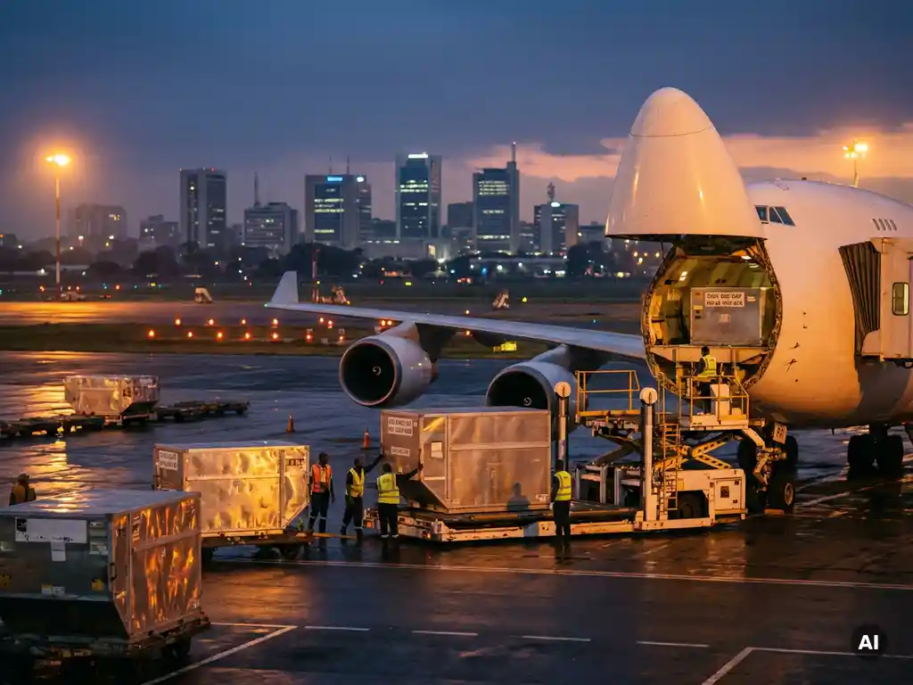 Cargo aircraft being loaded at dusk, ground crew guiding a ULD pallet up a freight loader with an African city skyline in the distance.