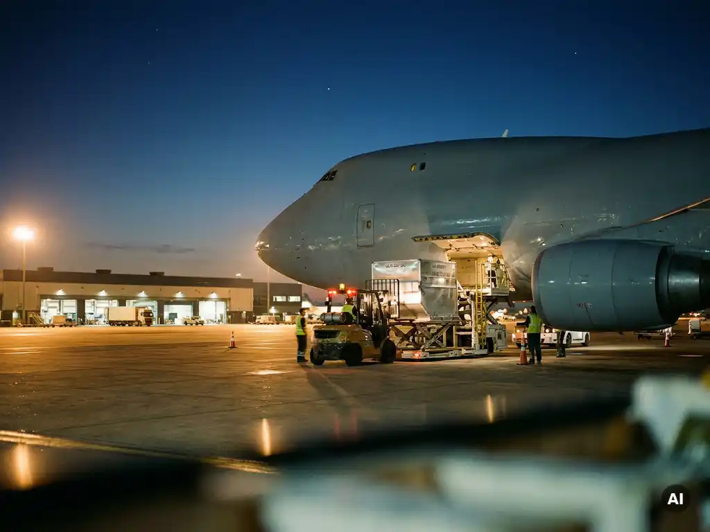 Cargo aircraft being loaded at dusk, forklift positioning a silver ULD pallet into the freight hold with amber runway lights and blue evening sky.