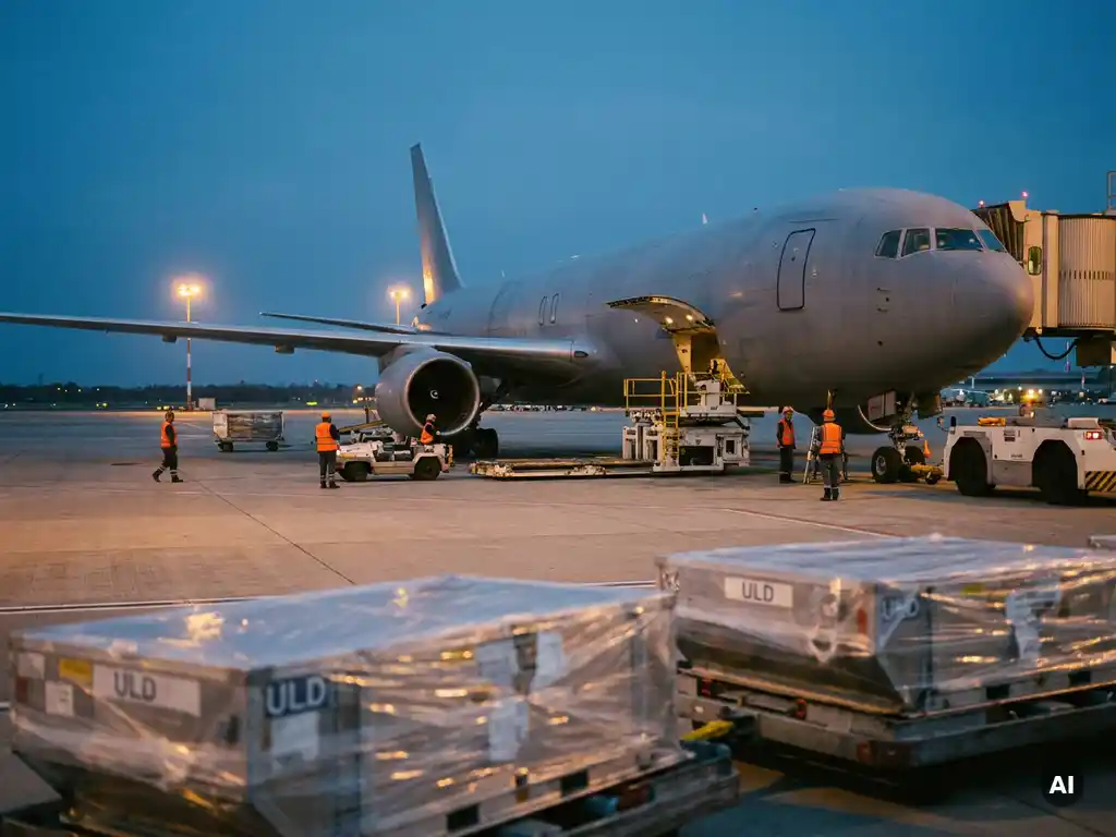 Wide-body cargo aircraft loaded at dusk, ground crew in high-vis vests guiding silver ULD pallets on the tarmac under amber runway lights.