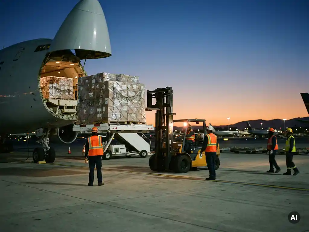 Cargo aircraft being loaded at dusk, forklift positioning shrink-wrapped freight pallet as ground crew in high-visibility vests work on the apron.