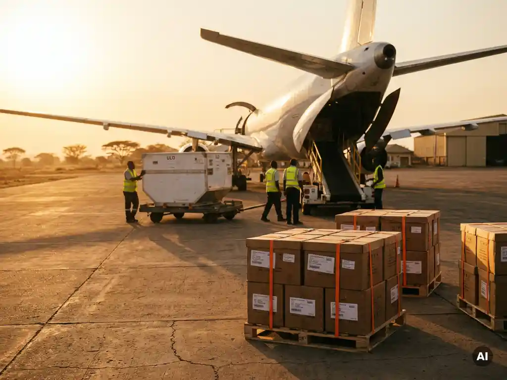 Silver cargo aircraft being loaded with ULD pallets at golden hour, ground crew in high-vis vests guiding freight, export cartons strapped in foreground.