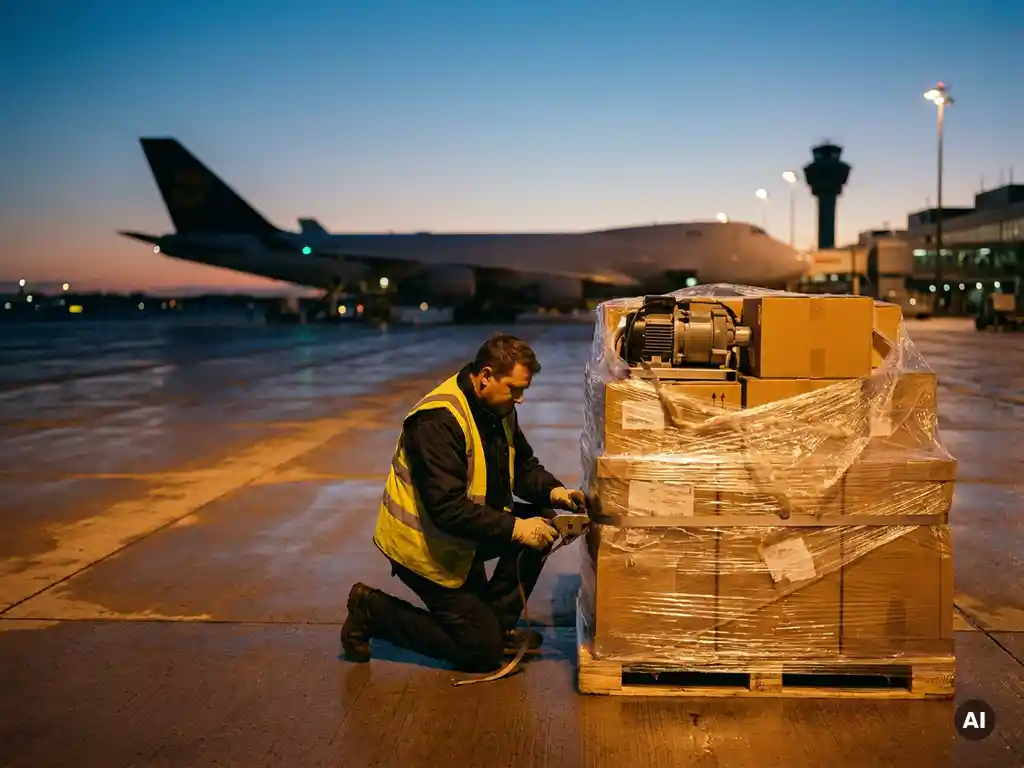 Cargo worker in high-visibility vest securing shrink-wrapped freight pallet on airport tarmac at dusk, wide-body cargo aircraft in background.