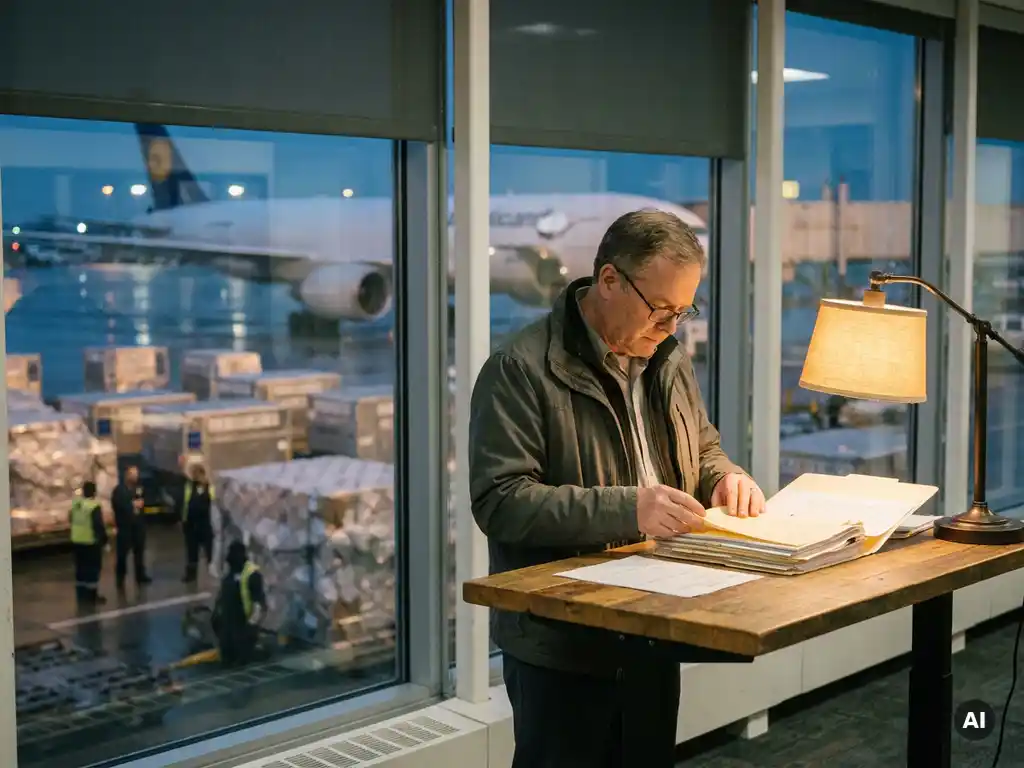 Customs broker reviewing export dossier at standing desk in air cargo terminal, ULD pallets and taxiing cargo aircraft visible through glass behind him.