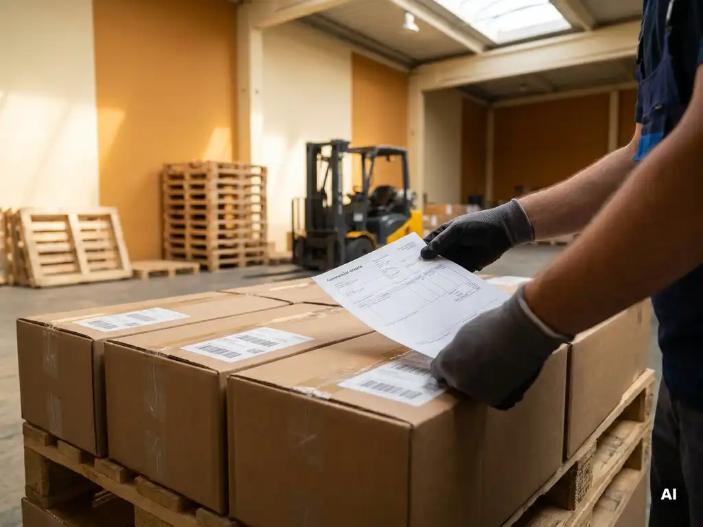 Logistics professional placing a commercial invoice on strapped export cartons with shipping labels in a European warehouse.