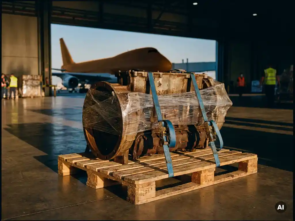 Large steel engine component on wooden export pallet with stretch wrap and cargo strapping at airport freight terminal, wide-body freighter visible in background.