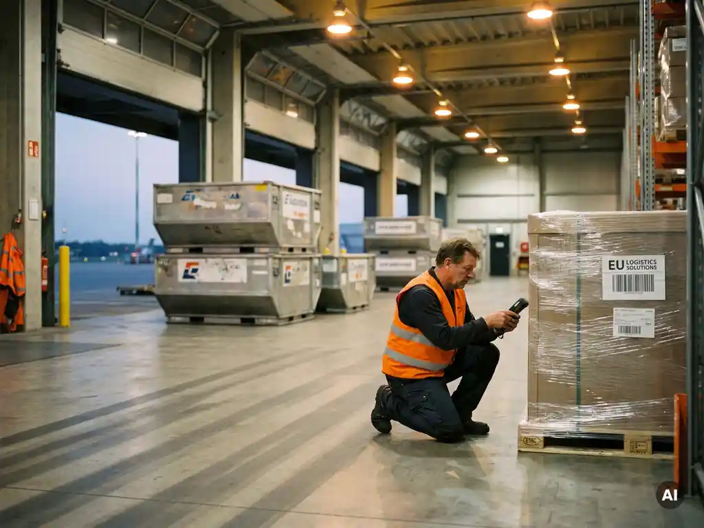 Logistics manager in high-visibility vest inspecting labelled cargo pallet in European warehouse with ULD containers near airside doors.