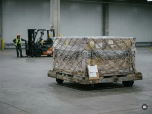 Misrouted air cargo ULD pallet on an empty terminal floor with shipping documents clipboard, forklift operator paused in background.