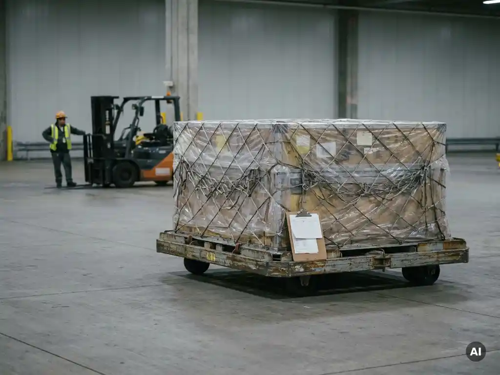 Misrouted air cargo ULD pallet on an empty terminal floor with shipping documents clipboard, forklift operator paused in background.