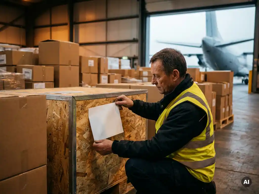 Logistics worker in high-visibility vest applying an airway bill label to a sealed wooden export crate in a warehouse with cargo aircraft visible in the background.