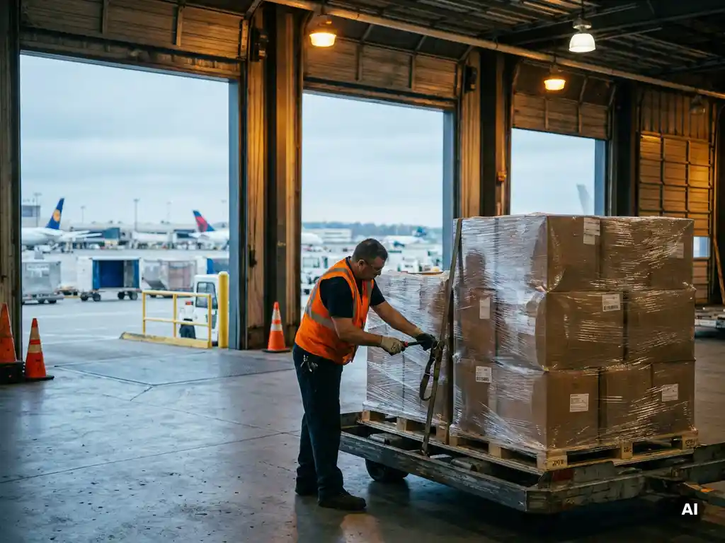 Warehouse worker in high-visibility vest securing stretch-wrapped pallets on a freight dolly, airport cargo terminal visible through loading bay doors.