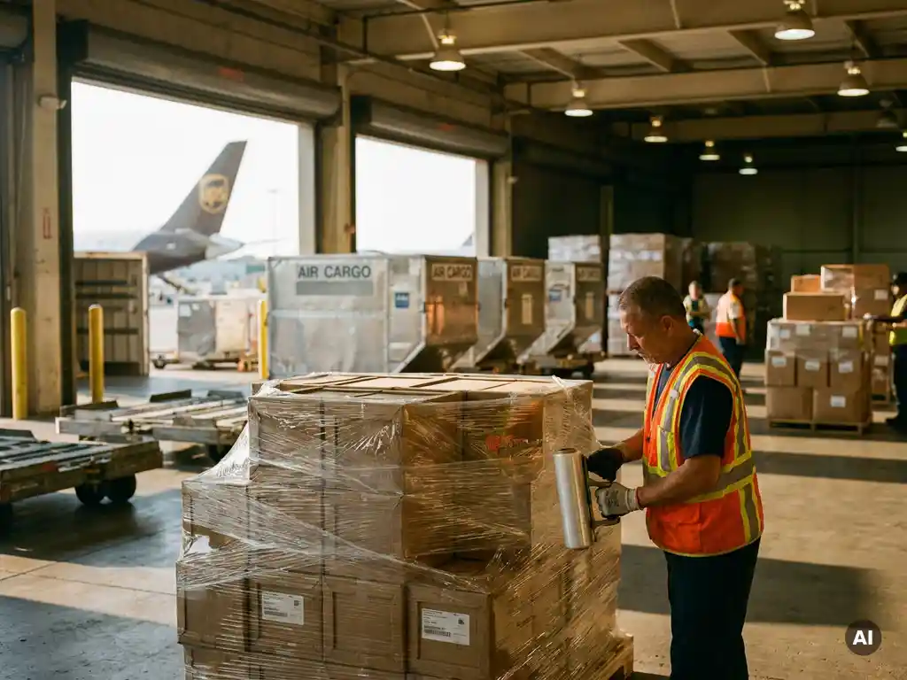 Logistics worker in high-visibility vest wrapping industrial cargo in stretch film on a warehouse pallet, air freight ULD containers in background.