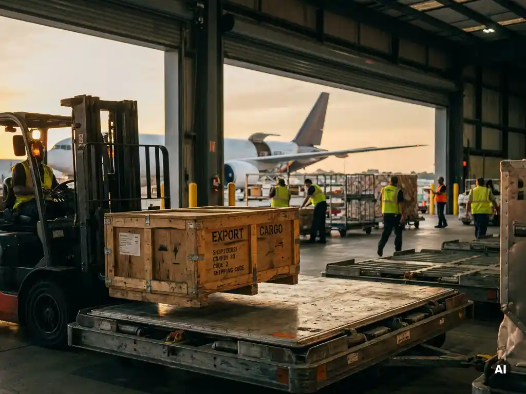 Sealed wooden export crate loaded onto an air cargo ULD pallet inside a freight terminal, wide-body cargo aircraft visible through open hangar doors.