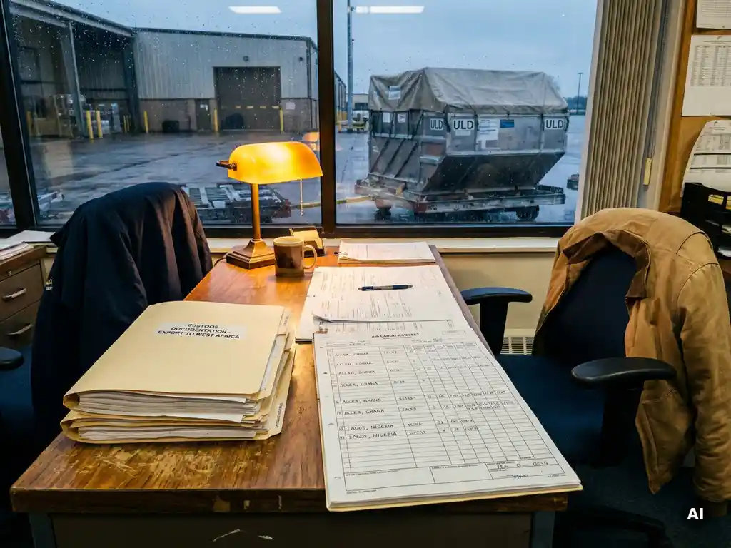 Customs documentation folder and air cargo manifest open on a freight-office desk, ULD pallet visible through window, amber lamp lighting.