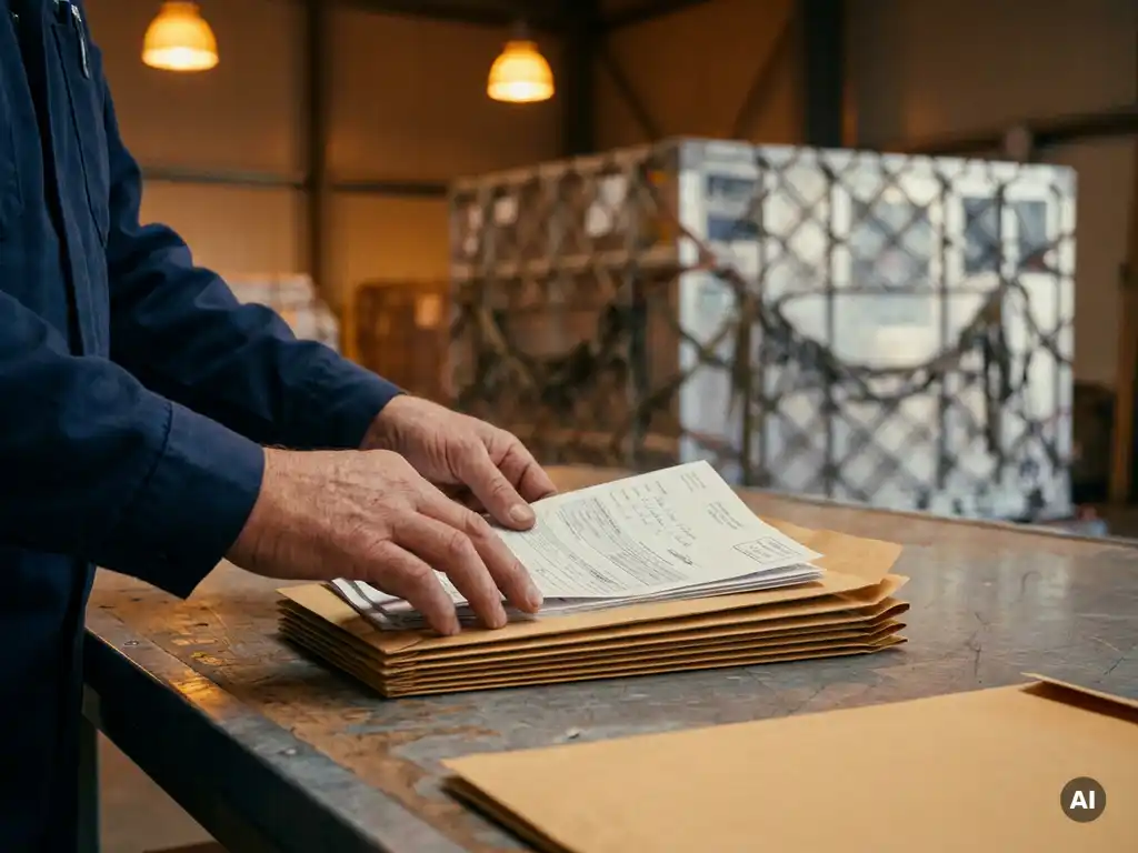 Logistics professional organizing air freight export documents including commercial invoice, airway bill, and packing list on a cargo warehouse desk.