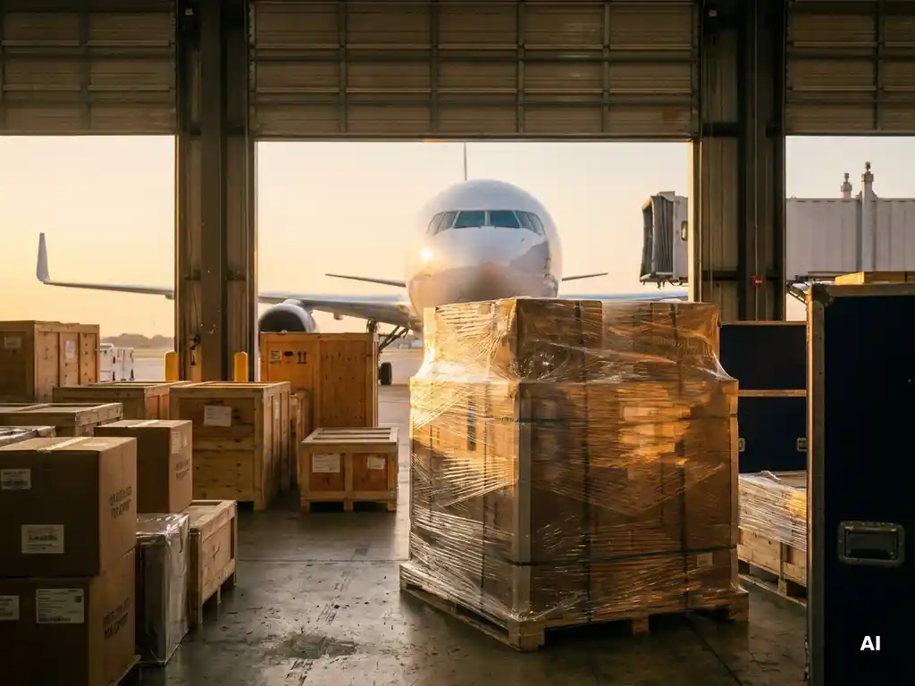 Consolidated air freight pallet wrapped in stretch film on cargo terminal floor, with export crates and wide-body aircraft visible through hangar doors.