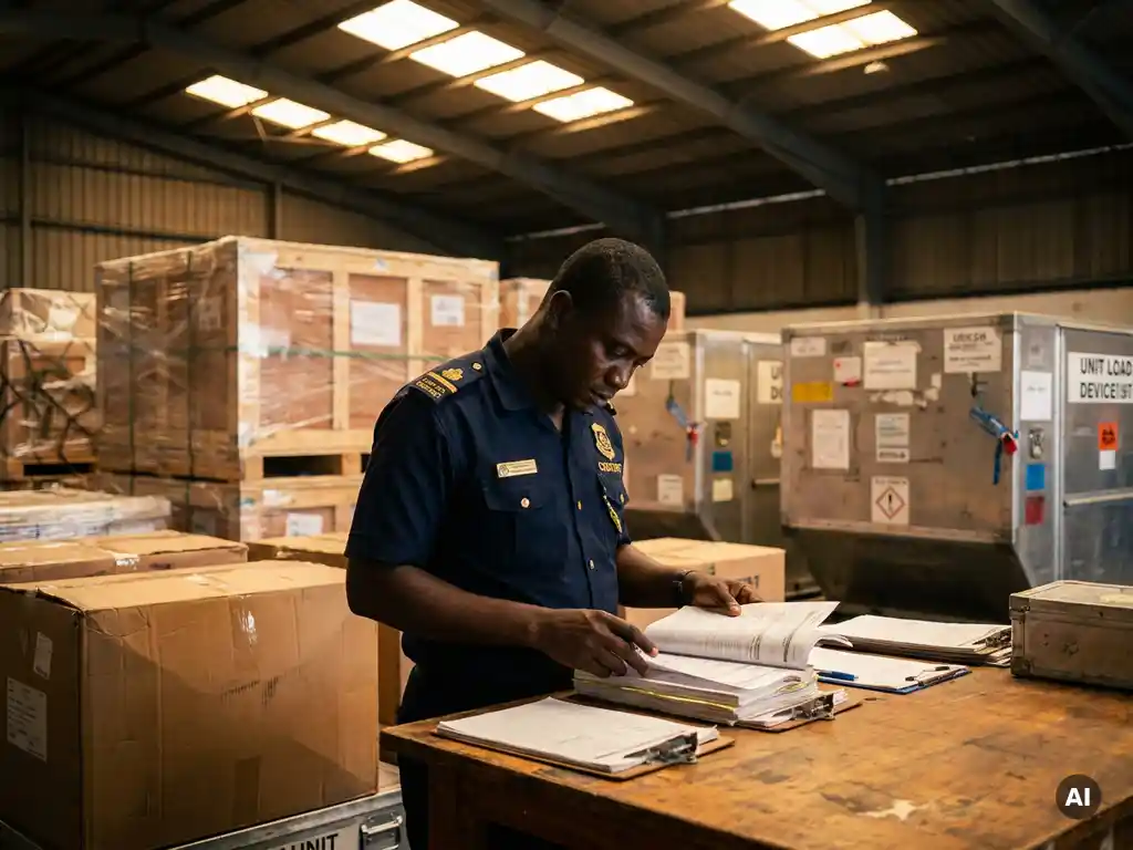Customs officer reviewing air cargo documentation at a Ghana airport freight terminal with sealed pallets and ULDs in the background.