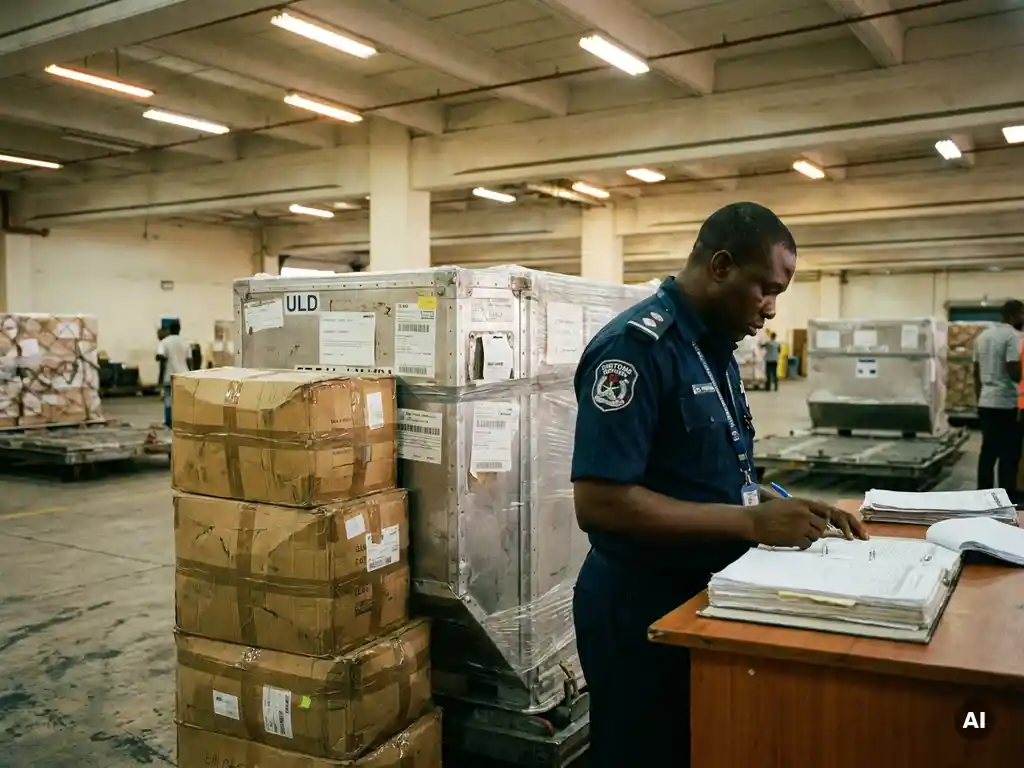 Customs officer reviewing freight documents beside sealed ULD pallets and cargo boxes at a Nigerian airport cargo terminal.