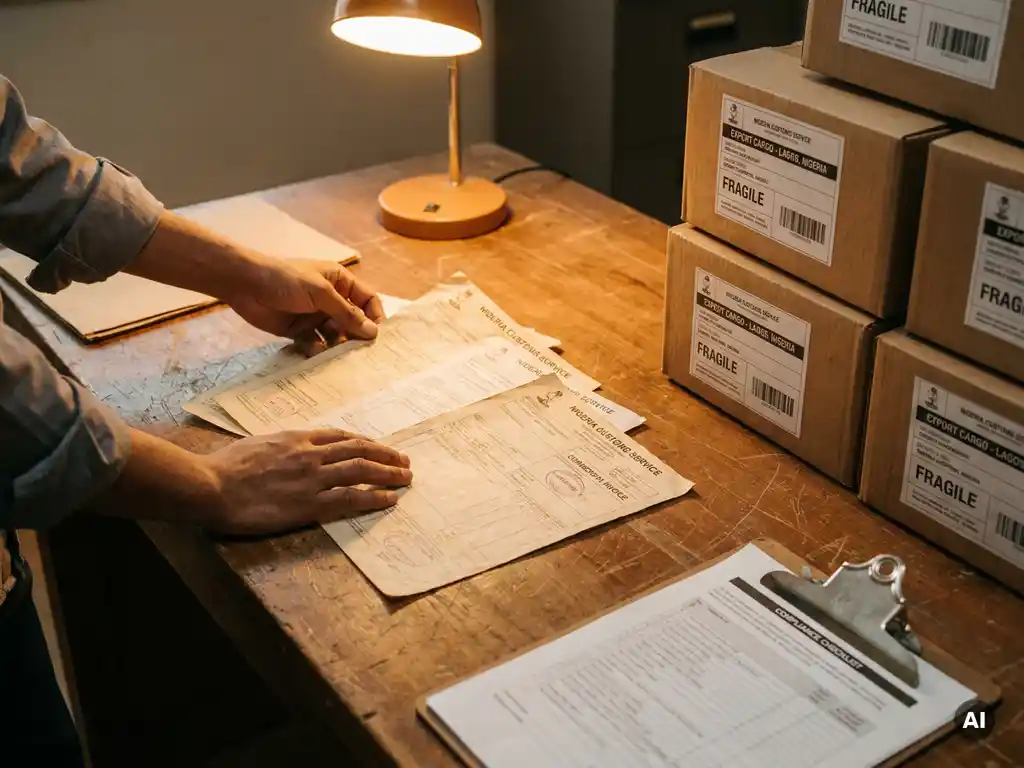 Freight forwarder reviewing Nigerian customs documents beside labeled export cargo on a worn wooden desk under warm amber light.