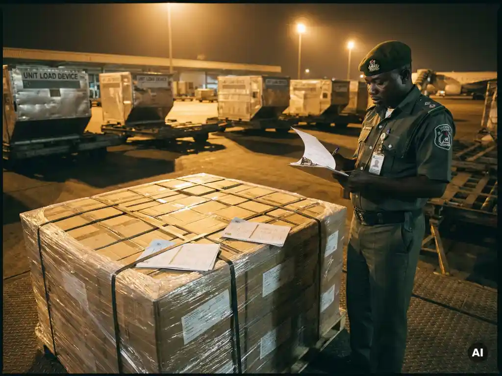 Nigerian customs officer reviewing export certification documents beside strapped cargo cartons and ULD containers at an airport freight terminal.